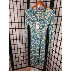Thought Bamboo Organic Cotton Wrap Dress Teal Abstract Print Long Sleeve Midi 10